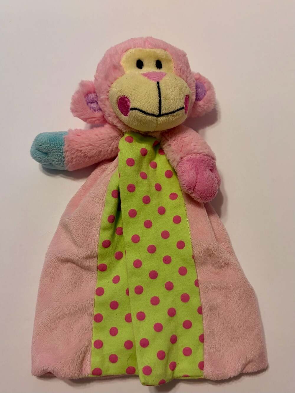 Baby Essentials Pink Green Polka Dot Monkey Baby Security Blanket Lovey Toy